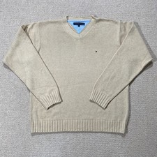 Tommy Hilfiger Jumper Mens XL Slim Fit Beige Tan Cotton Chunky Knit Sweater USA