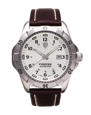 ProTek Steel Dive Watch, SS Case/White Dial/Dark Brown Strap, One Size, PT2005
