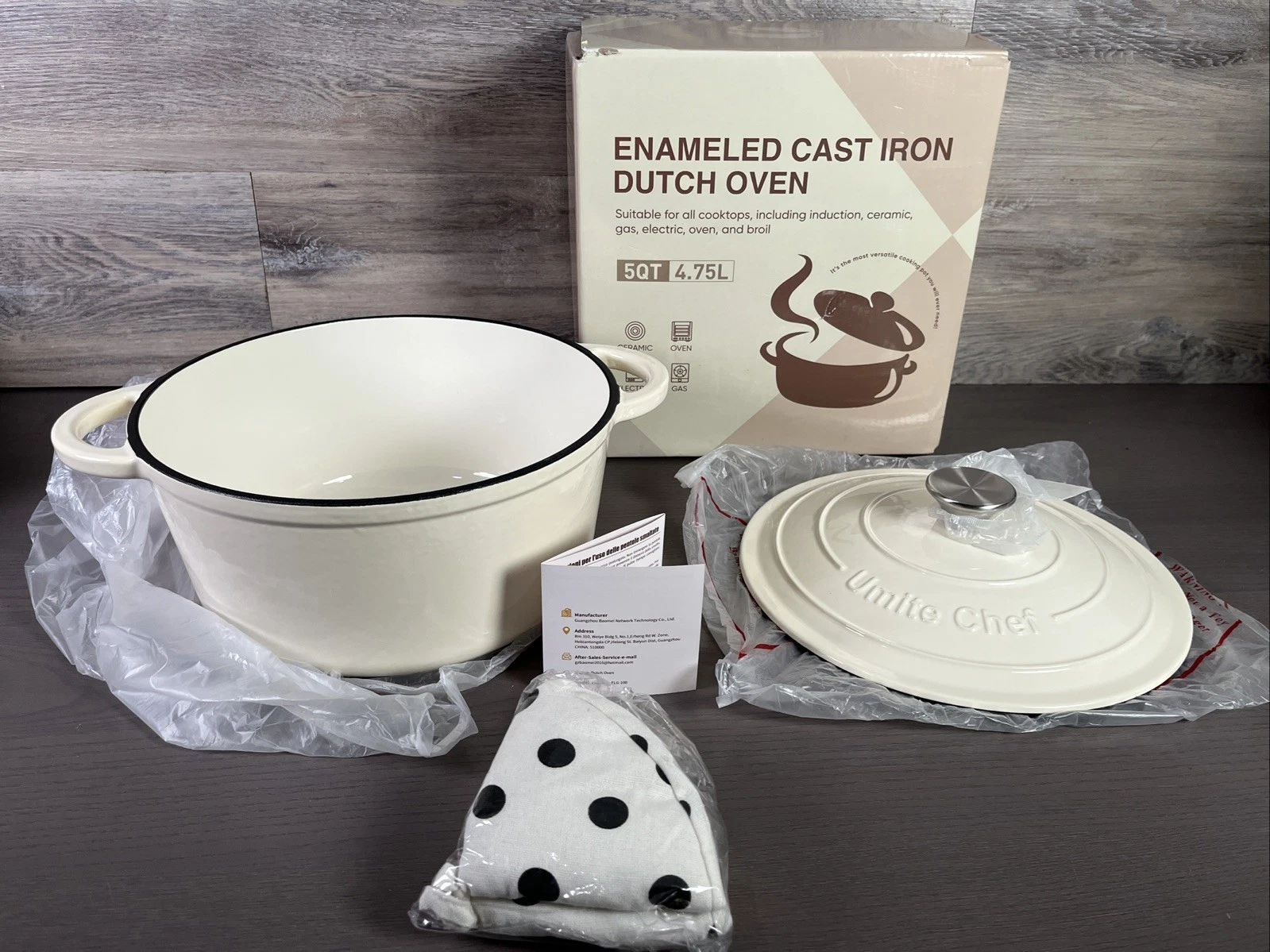 Enameled Cast Iron Dutch Oven - Umite Chef 5QT Pot with Lid Cream White