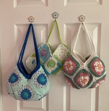 Set of 3 Crochet Handmade Granny Square Cotton Bags Small Multi Color