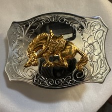 Western Bucking Bronco Rodeo Horse Belt Buckle Gold On Silver 3D Scrolled Edge