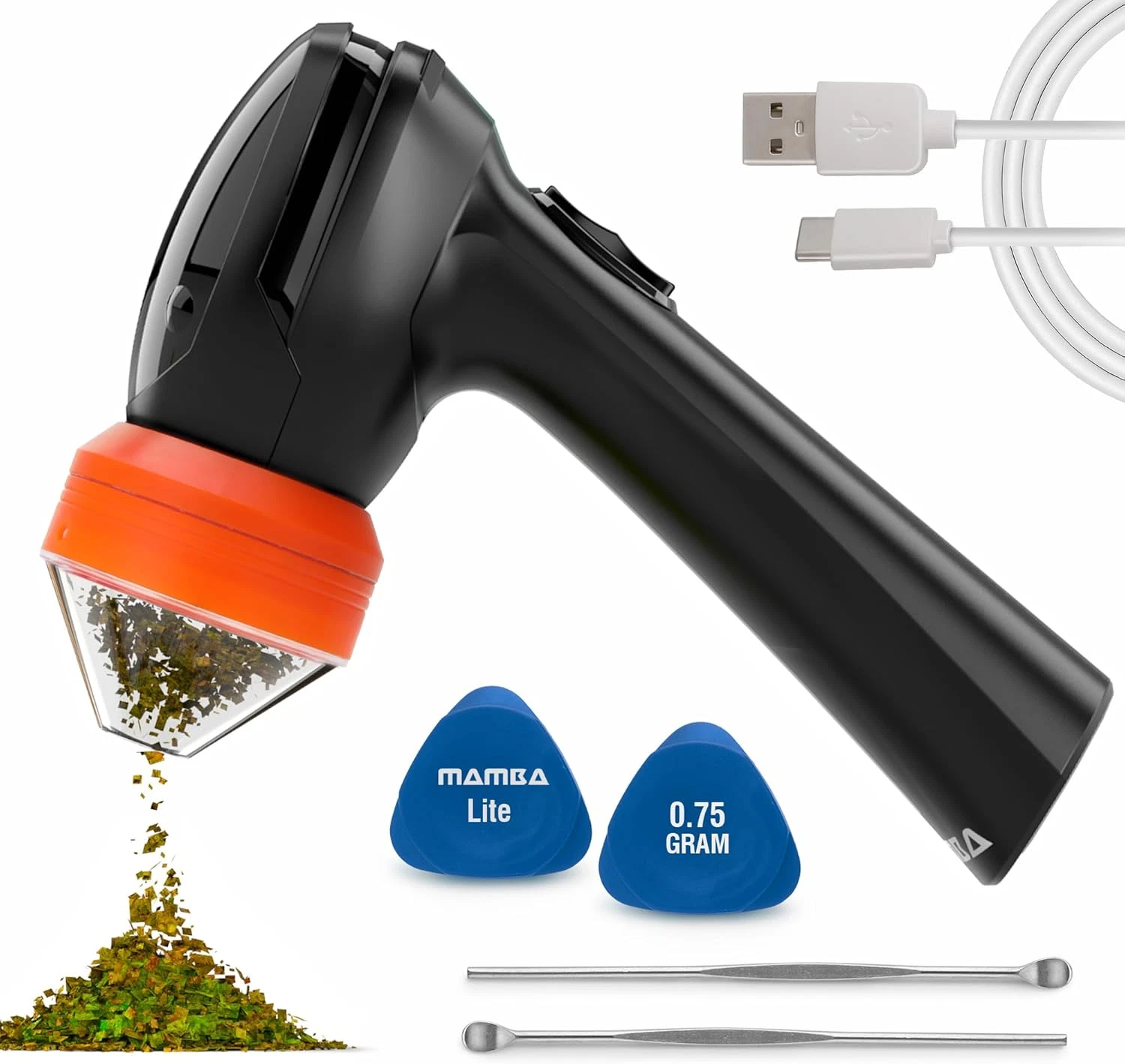 Lite 0.75G Orange All Plastic Head USB Electric Herb Grinder. Small Portable