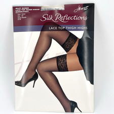 Hanes Silk Reflections Silky Sheer Lace Top Thigh Highs AB Barely Black 0A444