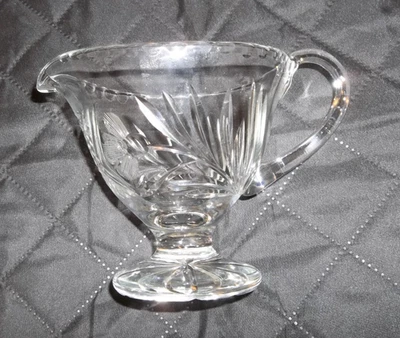 Vintage 4 3/4" in height Floral Etched Glass Gravy Boat Pitcher Curved Handle - Image 1 of 4