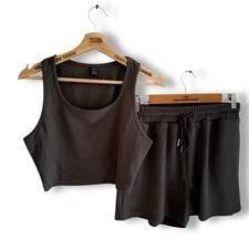 Ladies Grey Gym Coord Ribbed Vest Top Drawstring Shorts Workout Set Size 10