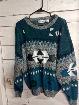 Vintage 90s Urban Works Knit Pathwork Crewneck Sweater XL Leather Trim Oversized