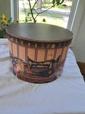 A Stitch In Time Sewing Themed Round Box With Tray w thread keeper pin cushion 