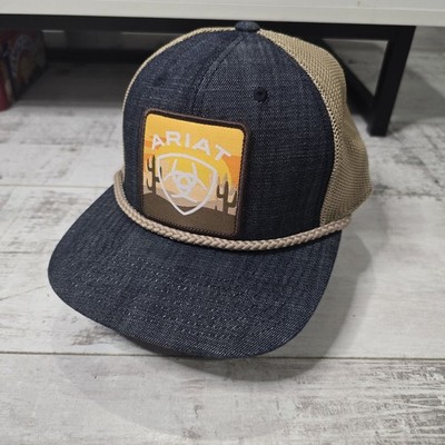 Ariat Herren Trucker Mütze Denim hellbraun Mesh Snapback Wüste Kaktus Patch Seil Kappe 110