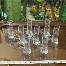 Vintage Etched Bohemian Crystal Shot Cordial Glass w/ Handles Set of 8, 4" Tall
