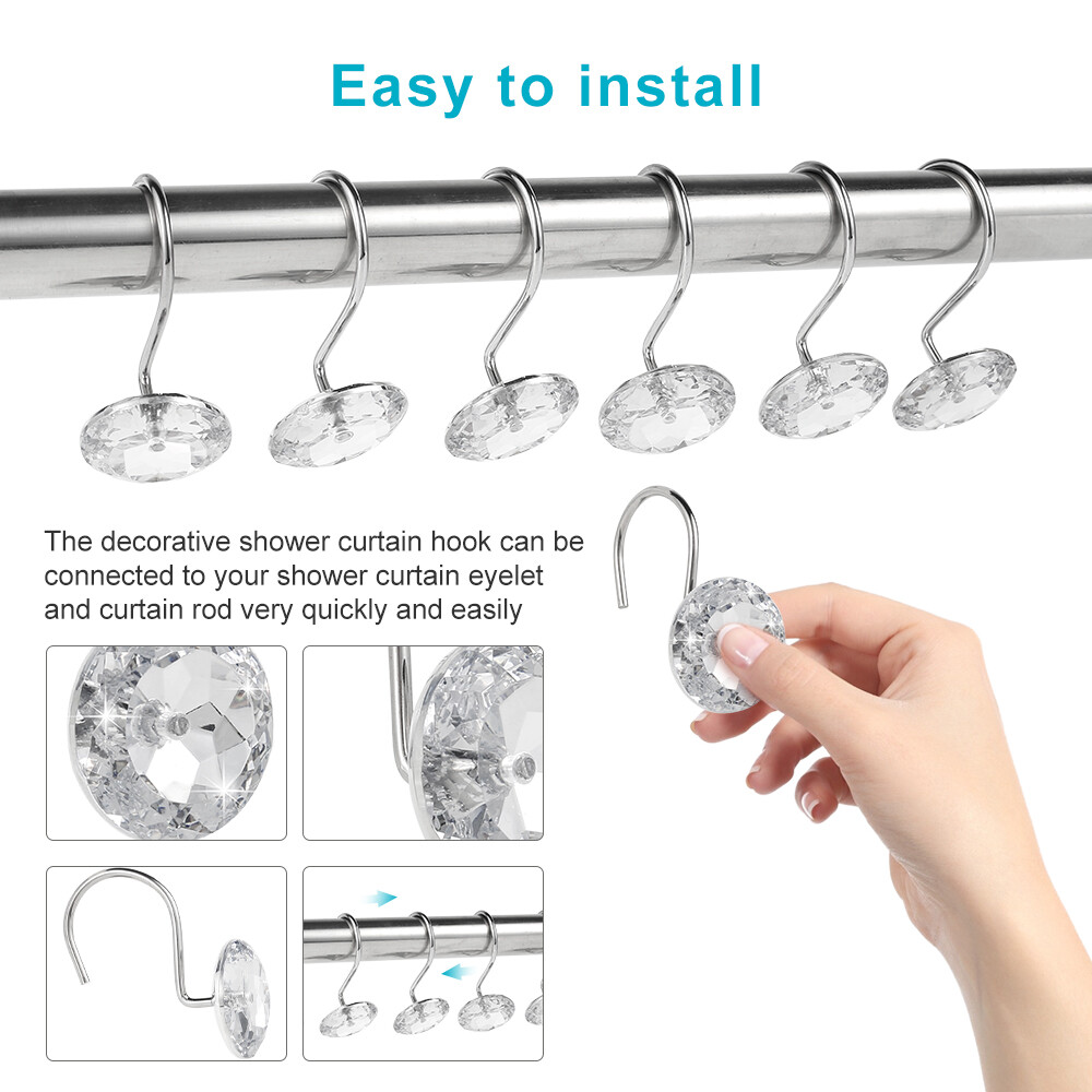 12pcs Shower Curtain Hooks Acrylic Crystal Shower Curtain Rings Round