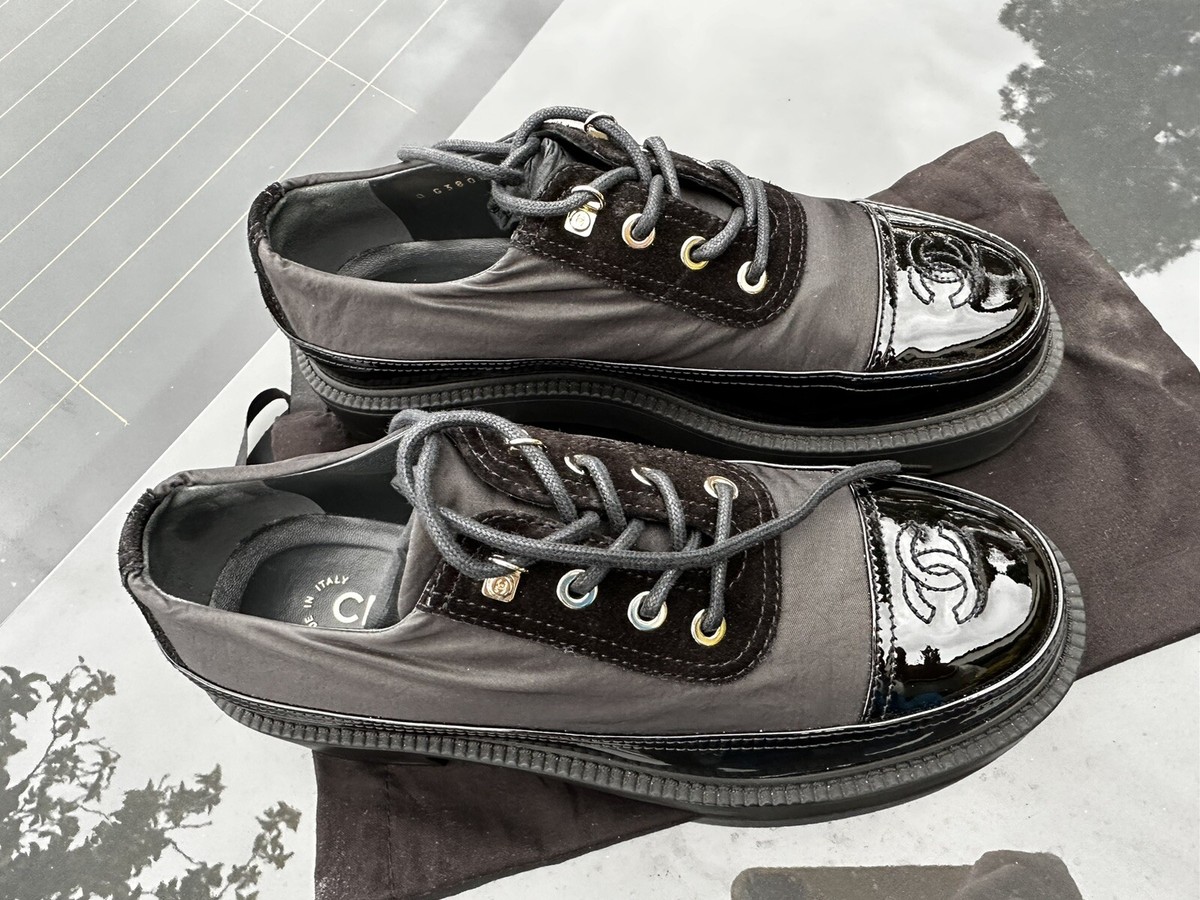 Chanel 21B Black CC Lace Up Oxford Loafers Mocassins Boots