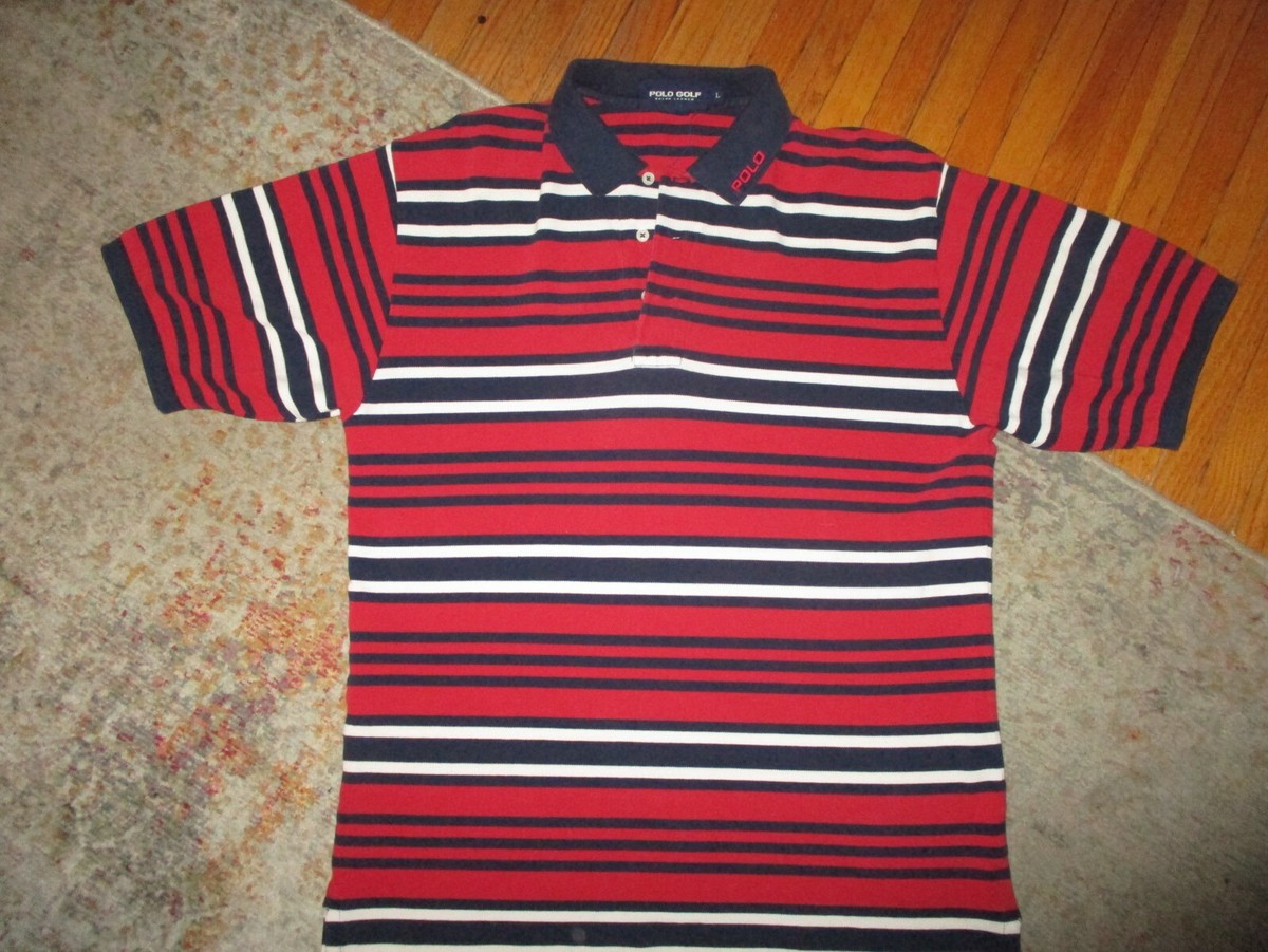 POLO GOLF RALPH LAUREN SHIRT vtg Red White Blue Stripe Embroidered