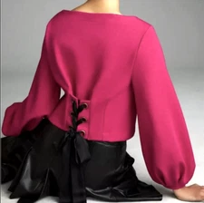 Anthropologie Maeve Raspberry Balloon Sleeve Tie Back Corset Sweatshirt Top Sz L