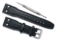 22mm Black Double Rivet Style Leather Replacement Men Watch Band Silver Buckle