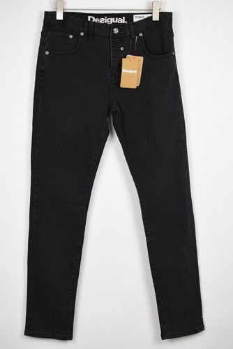 UVP 99 Desigual Denim Jon Uomo w34 Slim Fit geknöpfter Pantaloni Scanalati  Nero | eBay