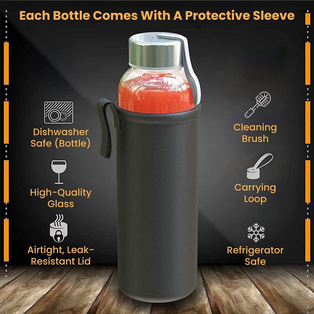 Glass Water Bottles With Stainless Steel Lids - 25 Oz, Leak Proof, Set Of 4, BPA Free