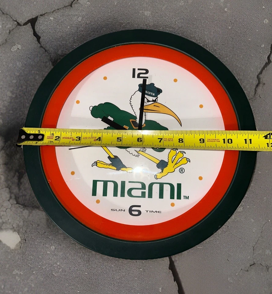 "Reloj de pared Sun Times 11 1/2"" Miami huracanes funciona muy bien excelente estado usado" Foto 4 de 4