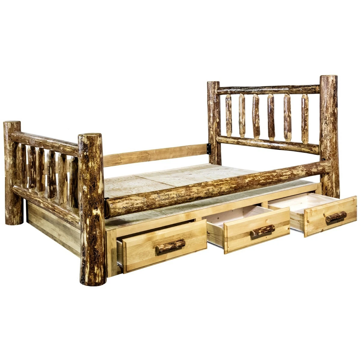 King Storage Log Bed with Drawers Amish Made Beds Montana Lodge Cabin Furniture
