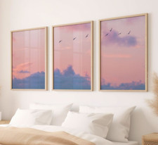 Bird Art, Sky Wall Art Set of 3 Canvas / Prints / Framed, Above Bed Pink Sky Art