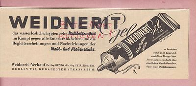 BERLIN, Werbung 1938, Weidnerit-Verkauf Melk-Hilfsmittel Dr.-Ing. Benda Dr.-Ing.