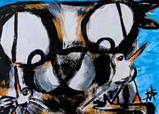 Original ACEO Beach Cat Painting Birds Contemporary Folk Art By Samantha McLean