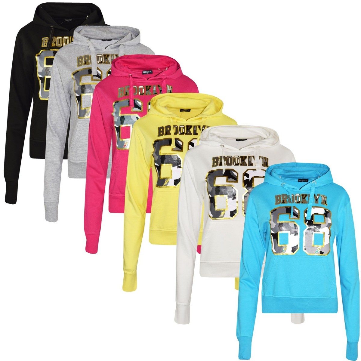 Ladies Women Printed Hoodies Brooklyn 68 Graphic Print Hooded Top New Hoodie - Main Image