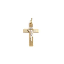 Jesus Crucifix Thin Cross. 14K Yellow & White Solid Gold Christian Pendant.