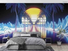 3D Neon Palm Moon Wallpaper Wall Mural Removable Self-adhesive Sticker 718