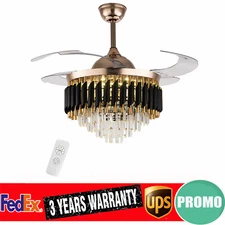 42" Invisible LED Ceiling Fan Light Crystal Chandelier Lamp 3 Color Fandelier 1X