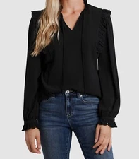 Cece Women's Black Ruffle Long Sleeve Tie Neck Blouse Top Size M