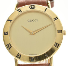 [Exc+5] Gucci 3000.2.M 33mm Gold Dial Brown Band Quartz Men's Watch from japan