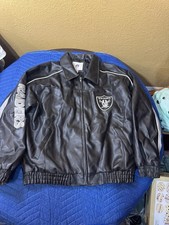 Vintage NFL Oakland Raiders Black Leather Full Zip Jacket Silver Logos Size XL
