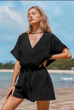 NWT Cupshe V-Neck Drawstring Romper Black Womens Size Large Beach Vacation Swim