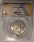 1949-D ANACS MS64 FBL FULL BELL LINES FRANKLIN *** KEY DATE - CLEAN & BRIGHT ***