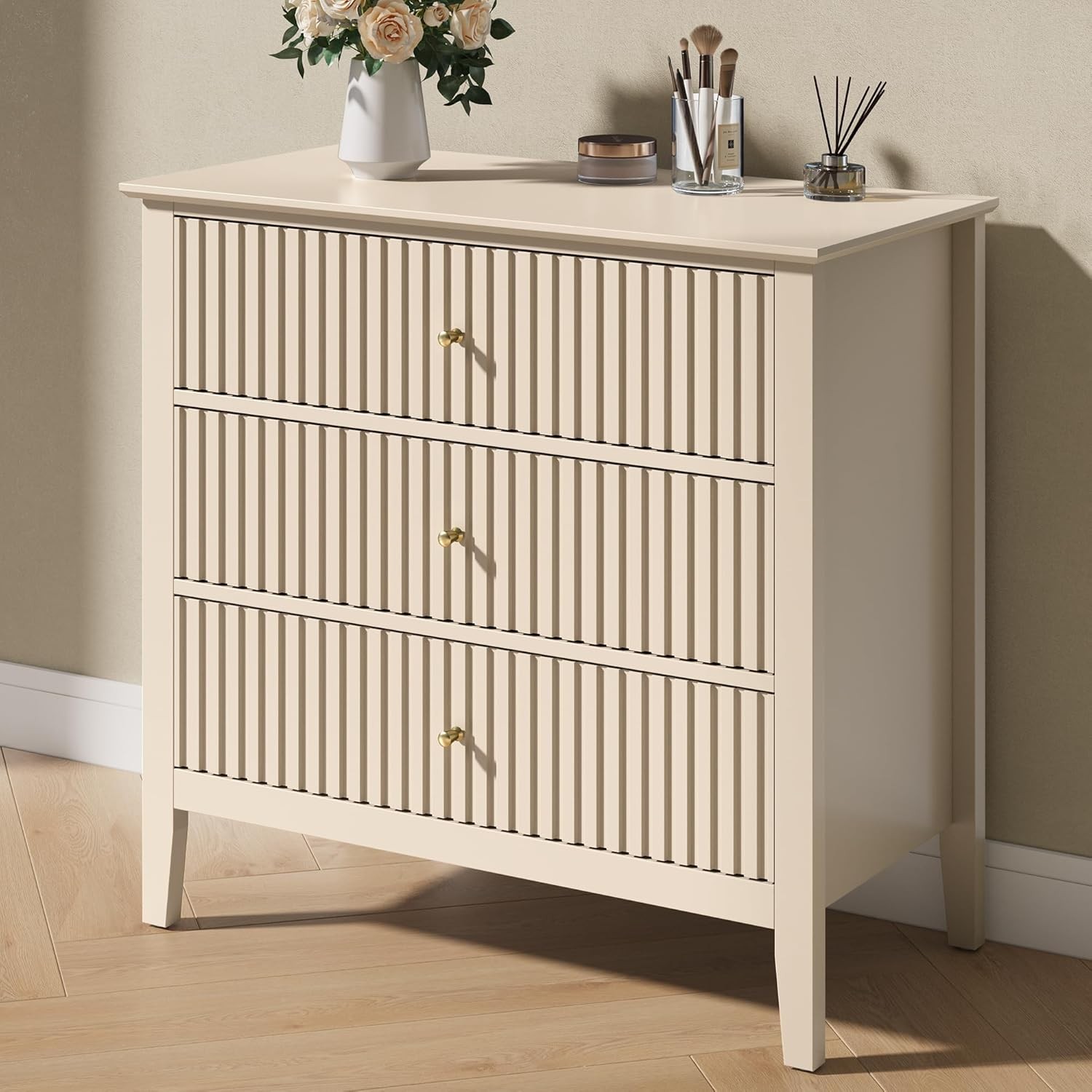 Beige Fluted 3-Drawer 32-Inch Wide Dresser Nightstand for Bedroom Storage