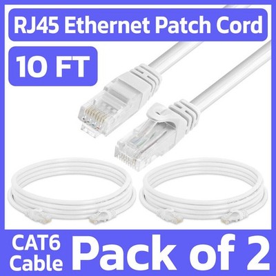 2 Pack 10 Feet Cat6 Patch Cable White LAN Ethernet Cord Network Internet Cable