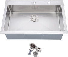 33x22 Handmade Stainless Steel Drop-In Kitchen Sink with Basket Strainer