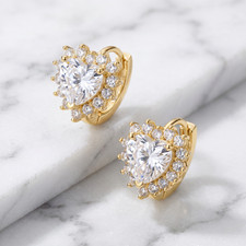 925 Sterling Silver Gold Halo CZ Huggie Hoop Earrings Heart Cubic Zirconia CZ