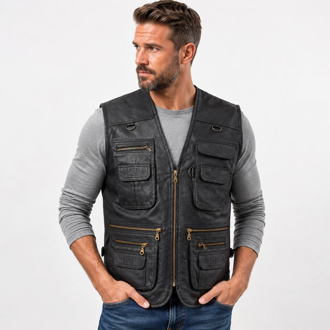 Men's Genuine Cowhide Leather Biker Vest Red Trim Zip Front Moto Club Slim Fit