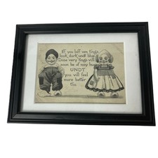 Vintage Black Framed Art Print Dutch Style Figures Smiling Quotation Illustratio