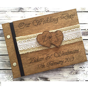 Personalised Wedding Guest Book Scrapbook Album Wooden Rustic Hearts 40 Pages Ebay