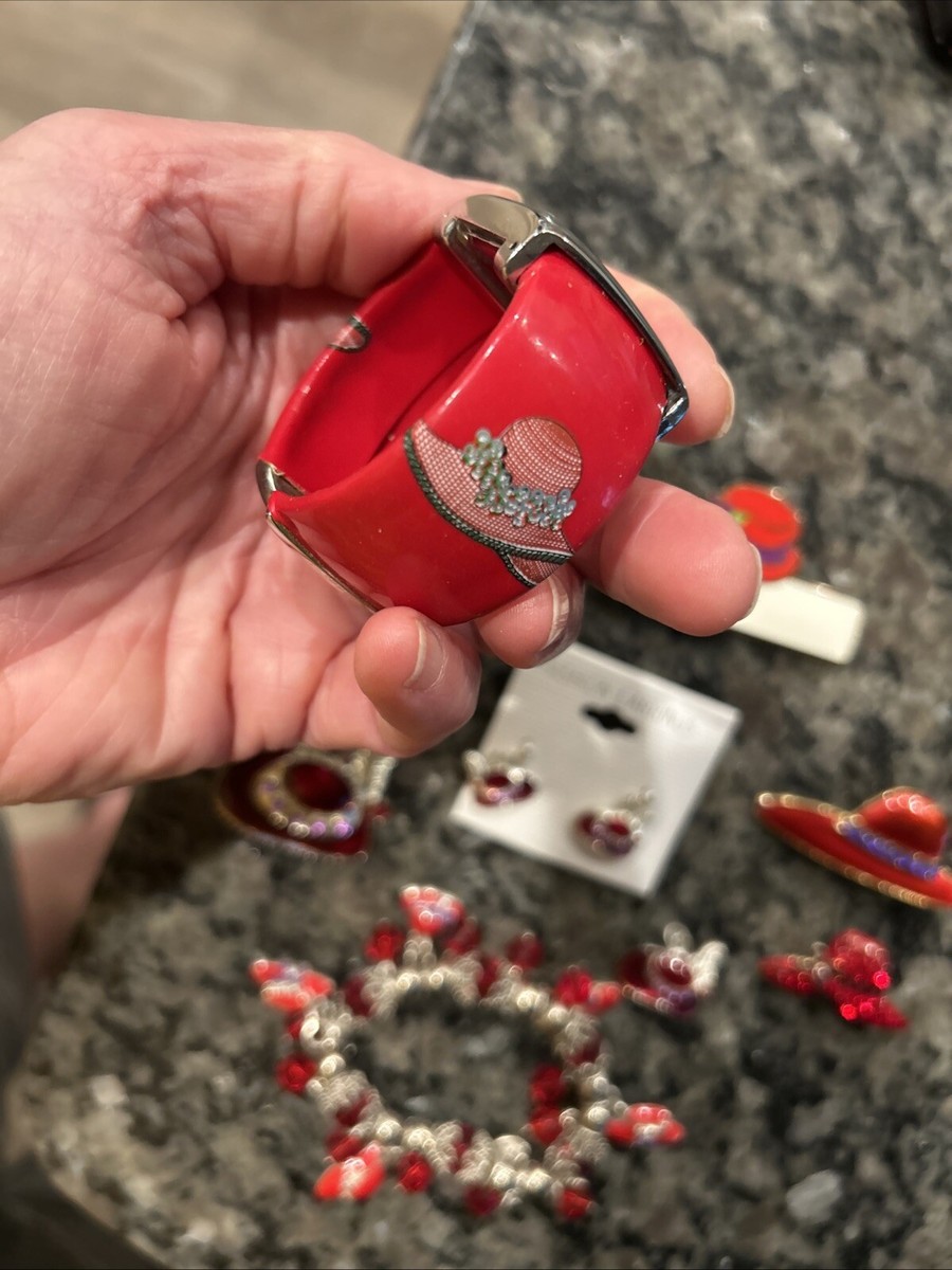 Lot Red Hat Society Watch Bracelet Pin Earrings And Brooches 