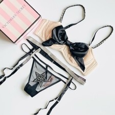 36C LARGE Victoria’s Secret 3PCS bling bra set garter star belt vstring panties