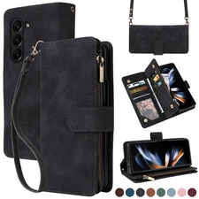 For Samsung Galaxy Z Fold 5 Zipper Purse Flip Card Wallet Crossbody Leather Case