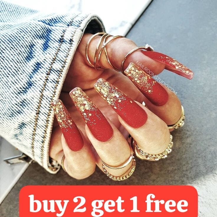24pcs red gold glitter glossy stick on stickers coffin ballerina square  nails | eBay