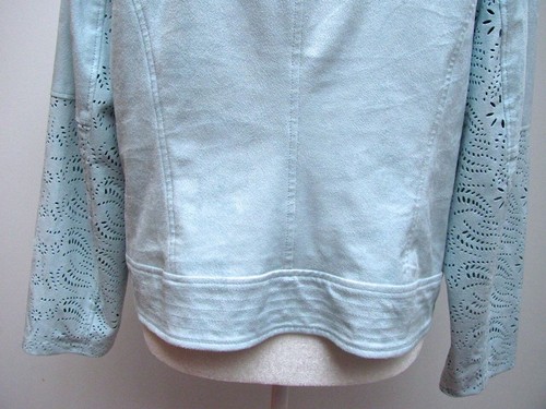 Pale Blue Faux Suede Jacket Floral Cutout Zippered Chicos Womens Size 2 L 12 - Picture 8 of 11