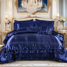 Luxurious Navy Blue Ruffle Comforter Set - 8 Piece King Size Bedding Set