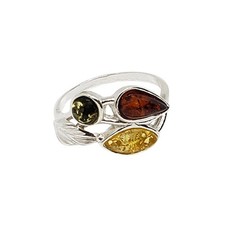 Multi-Color Baltic Amber Ring Size 9 Sterling Silver 925 Marquise Round Teardrop