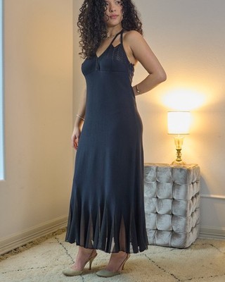 St. John Evening Women's Black Knit Maxi Dress Size 6 Beaded Halter Made in USA