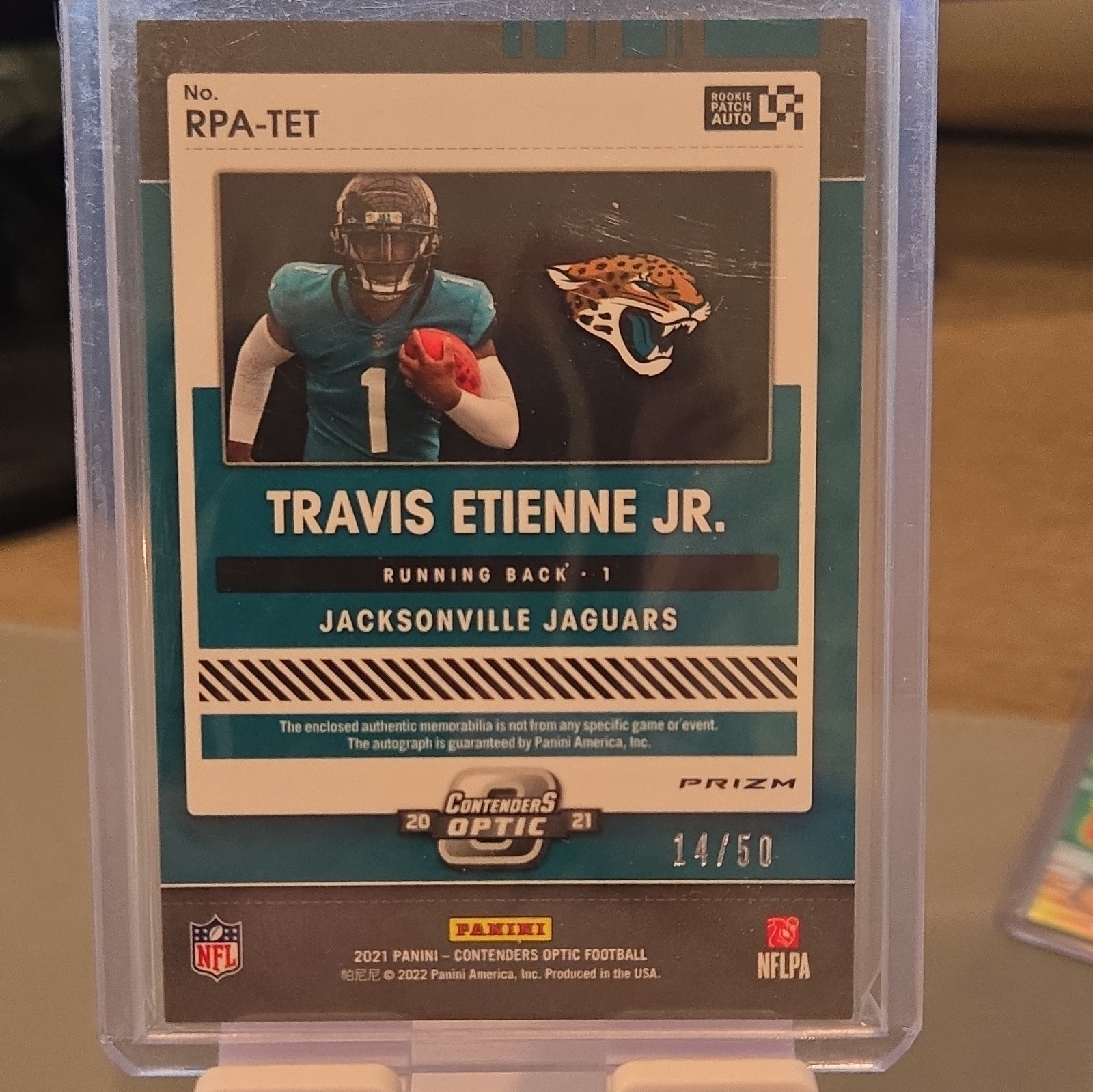 Panini 2021 Contenders Optic Travis Etienne Jr Rookie Patch Auto RPA-TET /50 view 2